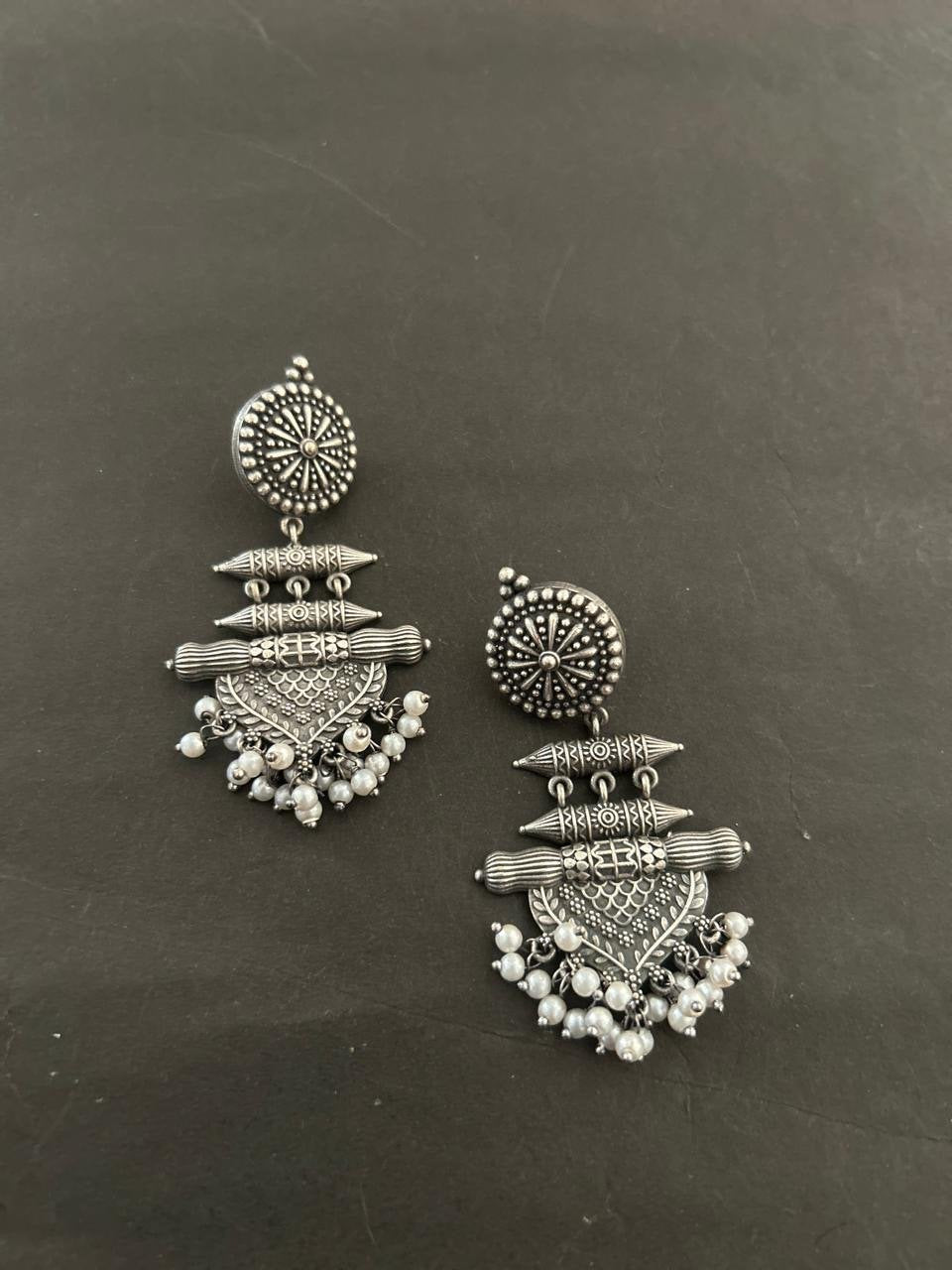 Oxidized Silver Dangle Earrings with Pearl Accents