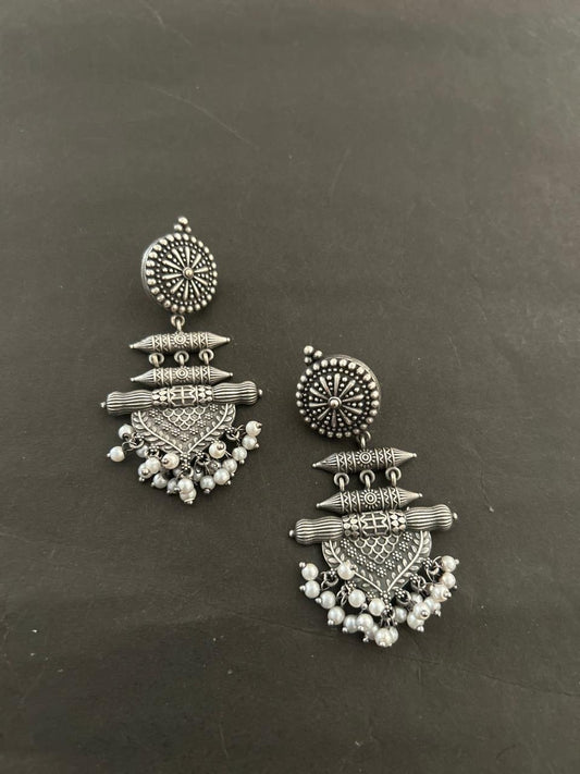 Oxidized Silver Dangle Earrings with Pearl Accents