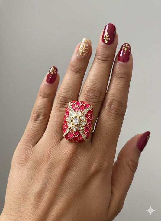 Moissanite with Meenakari work on Statement Ring