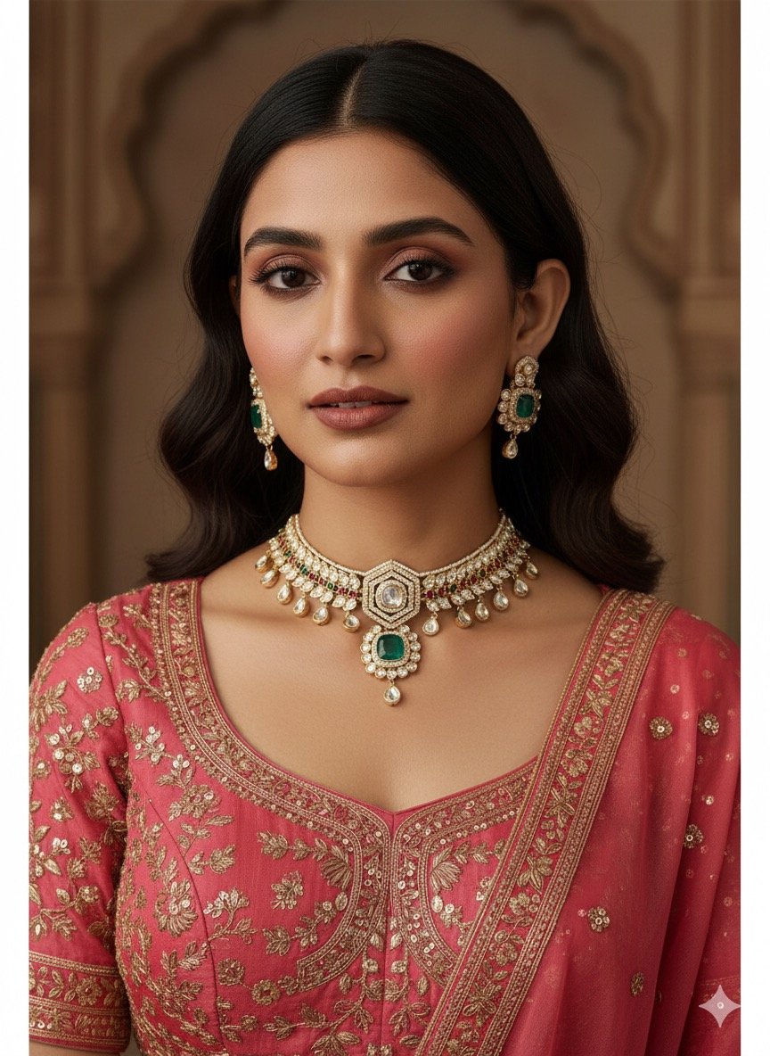 Premium Quality Polki Kundan Jewelry Set with Green Accents