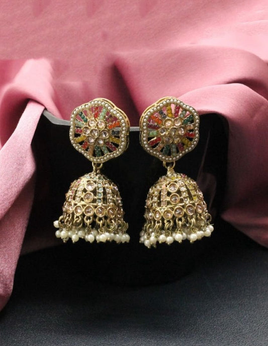 Colorful Jhumka Earrings with Pearl Detailing