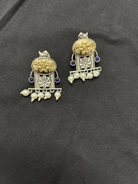 Oxidized Silver and Pearl Dangle Earrings