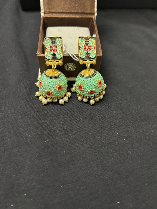 Elegant Meenakari Jhumka Earrings with Pearl Accents