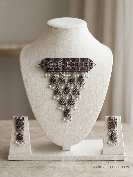 Antique Oxidised Silver Choker & Earrings Set