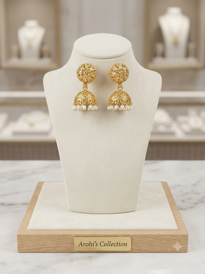 Floral Filigree Antique Gold Jhumkas with Pearl Drops