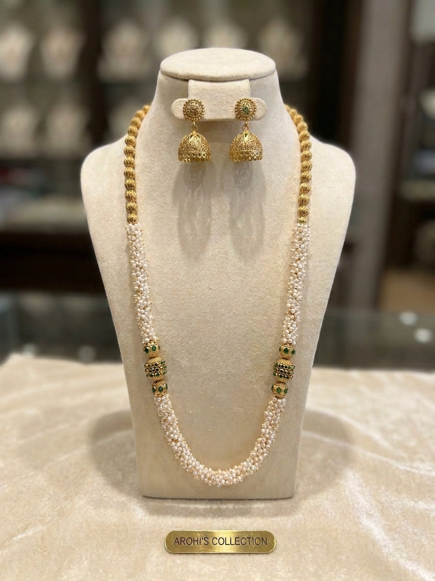 Regal Pearl & Rubi Colored Motifs Rani Haar with Antique Jhumkas