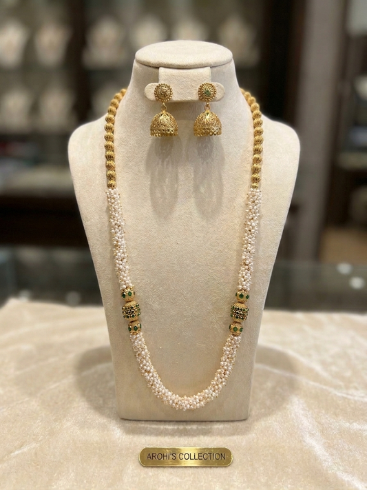 Regal Pearl & Rubi Colored Motifs Rani Haar with Antique Jhumkas