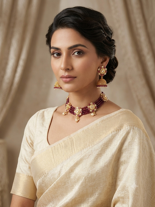 Riwaya - Royal Ruby Floral Choker & Jhumka Set