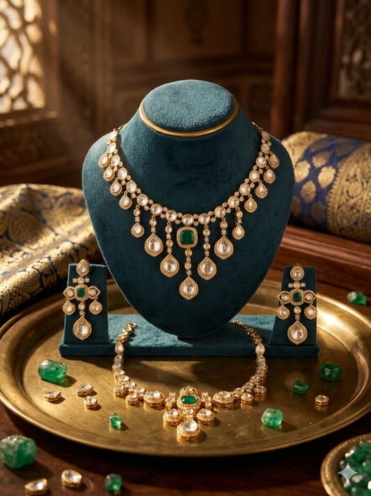 The Empress Collection: Handcrafted Polki & Emerald Bridal Set