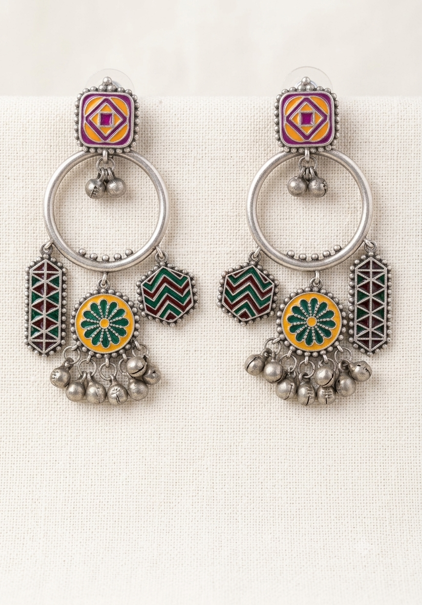 Oxidised Dual Tone Meenakari Earrings