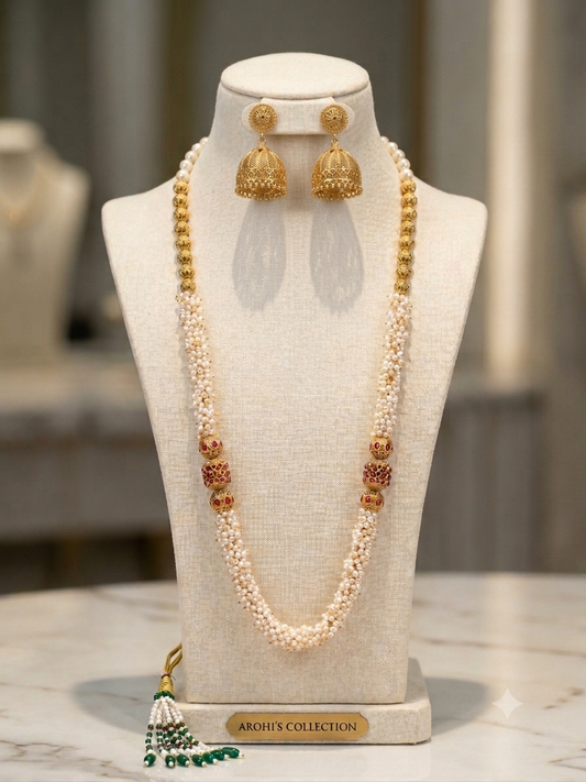 Regal Pearl & Rubi Colored Motifs Rani Haar with Antique Jhumkas
