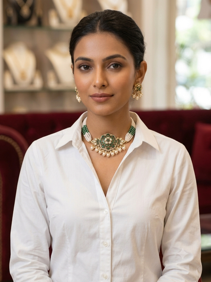 Naira - Emerald and Mother of pearls choker set