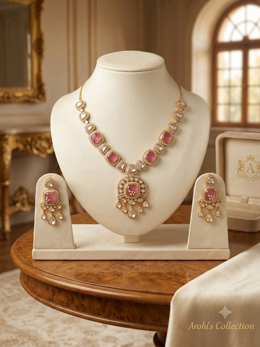 Aarnam -Imperial Rose Quartz & Polki Necklace Set