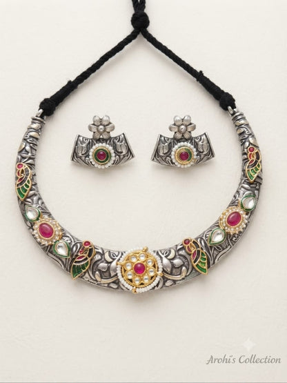 Floral & Peacock Hasli Oxidised Set