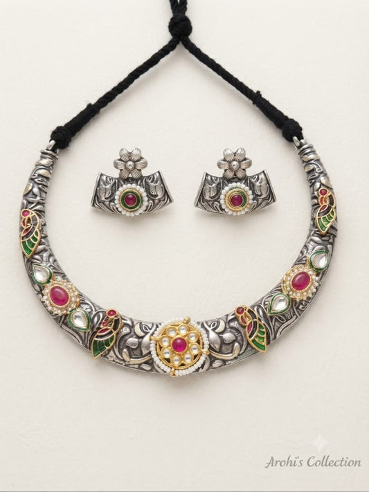 Floral & Peacock Hasli Oxidised Set