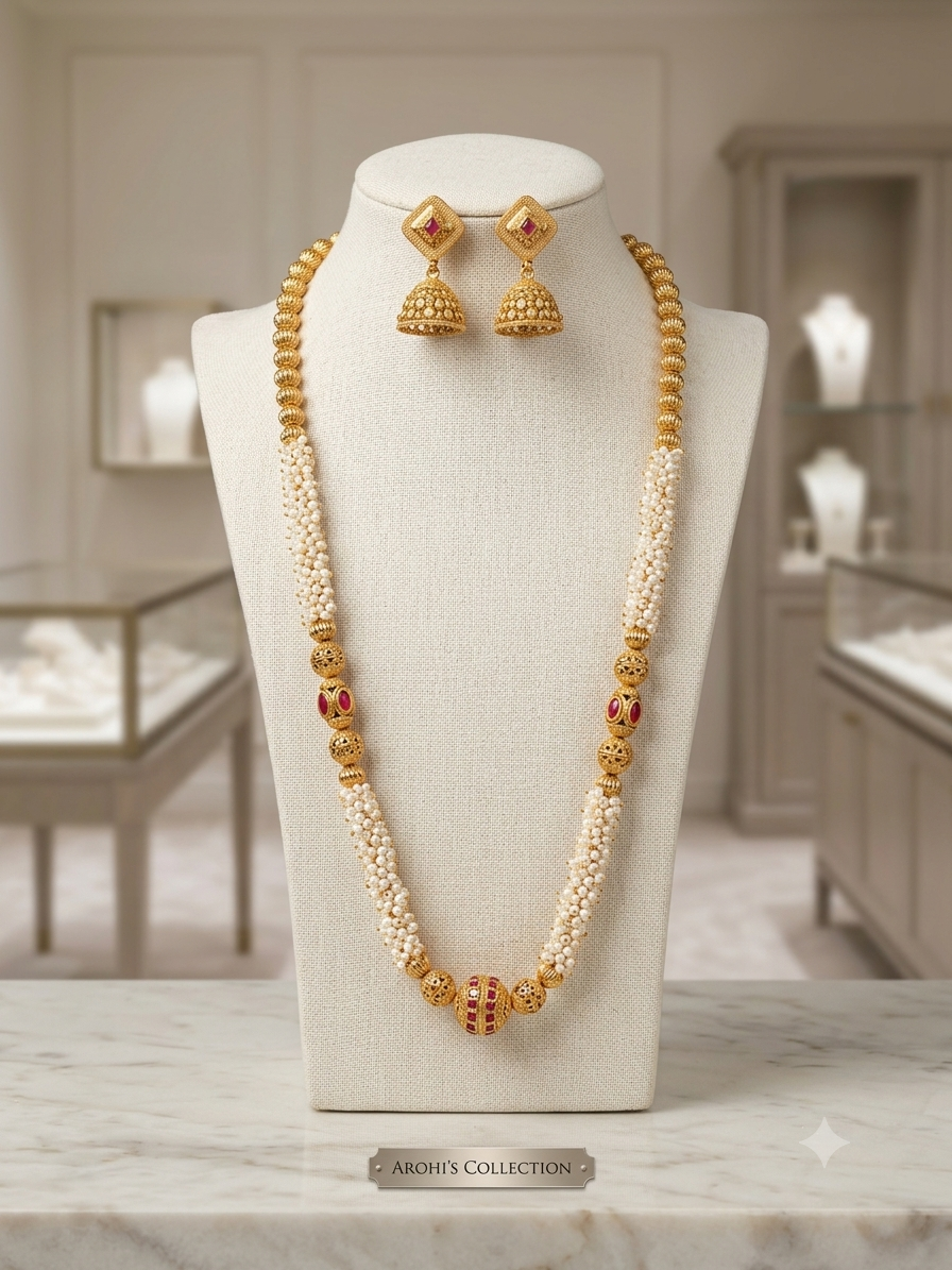 Ruby Stone Rhombus Matte Gold Finish Mala