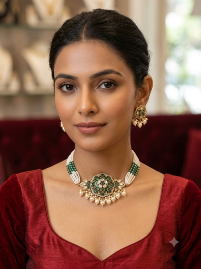 Naira - Emerald and Mother of pearls choker set