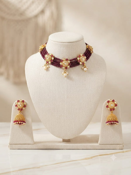 Riwaya - Royal Ruby Floral Choker & Jhumka Set
