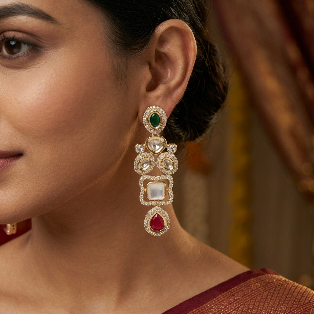 Emerald Green, Ruby Red, and White Stone Kundan Drop Earrings with Gold Finish | ACM26-0001 - Focus On Ear