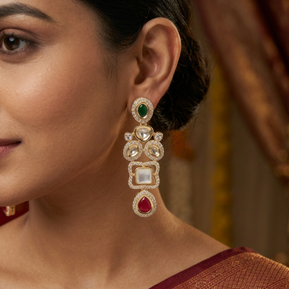 Emerald Green, Ruby Red, and White Stone Kundan Drop Earrings with Gold Finish | ACM26-0001 - Focus On Ear