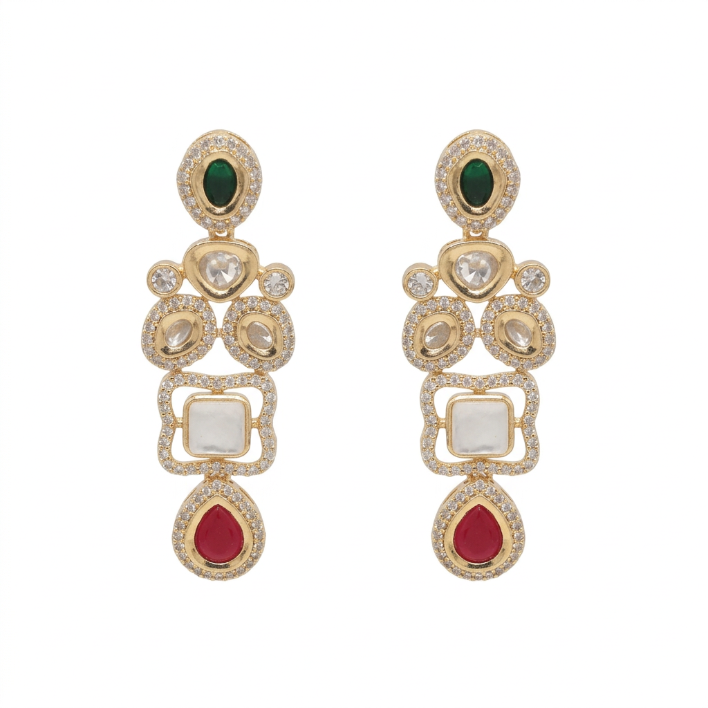 Emerald Green, Ruby Red, and White Stone Kundan Drop Earrings with Gold Finish | ACM26-0001 - Main White Bg