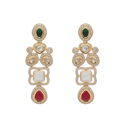 Emerald Green, Ruby Red, and White Stone Kundan Drop Earrings with Gold Finish | ACM26-0001 - Main White Bg