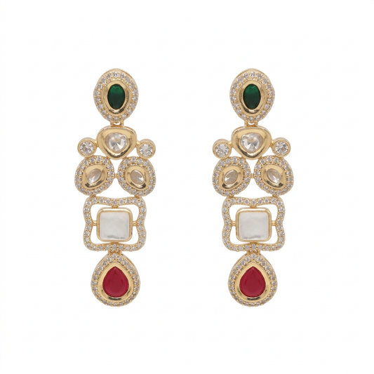 Emerald Green, Ruby Red, and White Stone Kundan Drop Earrings with Gold Finish | ACM26-0001 - Main White Bg