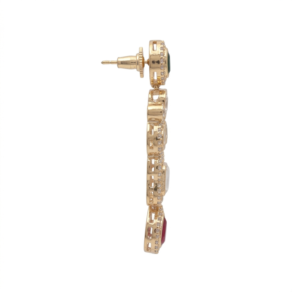 Emerald Green, Ruby Red, and White Stone Kundan Drop Earrings with Gold Finish | ACM26-0001 - Side View